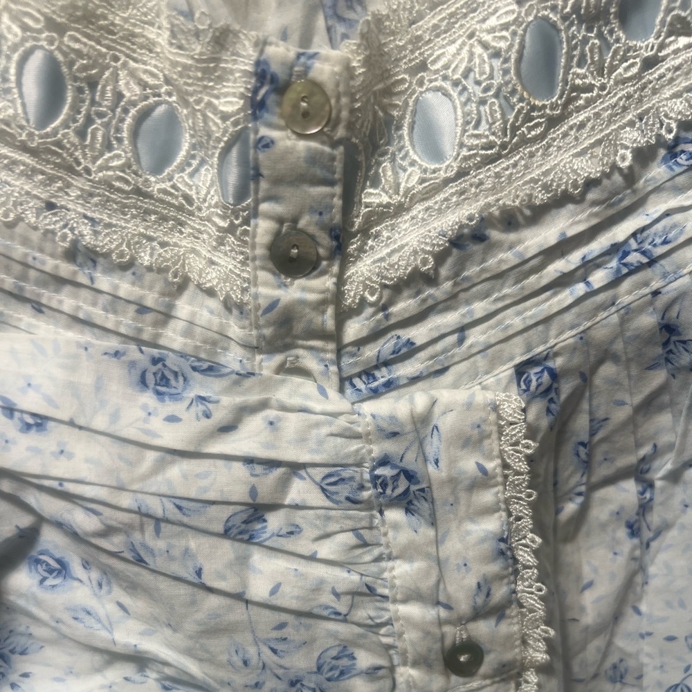 Eileen West Cotton blue Floral LS Long Nightgown cottagecore lace vtg - Picture 8 of 8